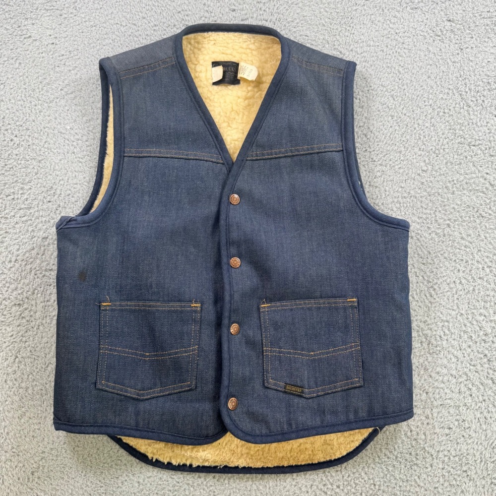 Vintage Roebucks Sears Mens Medium Denim Sherpa Lined Western Workwear Vest Blue
